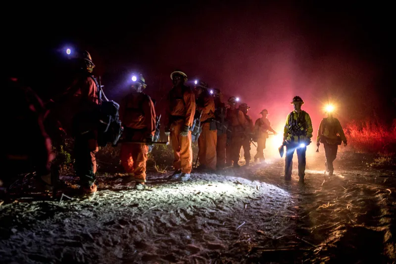 Inmate firefighters line up before beginning to look for burning embers left over on a scorched hillside after the fire in Sunland-Tujunga, Calif. burned 13 acres on December 28, 2017.